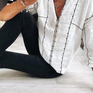 V Neck Loose Casual Geometric Shirt, Blouses, color:White|size:XXL, Noracora