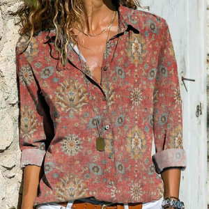 Long Sleeve Casual Printed Blouse, Shirts, color:Red|size:XXL, Noracora