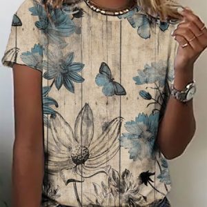 Casual Loose Printing Crew Neck T-Shirt, T-shirts, color:Yellow|size:XXL, Noracora