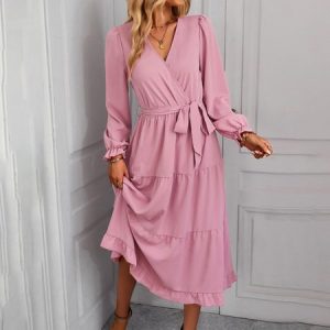 Vacation Plain Regular Fit V Neck Dress, Midi, color:Pink|size:XXL, Noracora