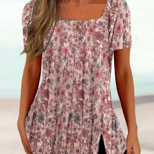 Buttoned Casual Square Neck Shirt, Blouses, color:Pink|size:XXL, Noracora