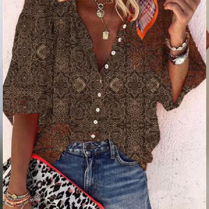Stand Collar Casual Ethnic Blouse, Shirts, color:Brown|size:3XL, Noracora