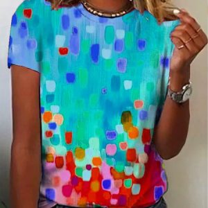 Crew Neck Casual Ombre Loose Rainbow Dot Short Sleeve T-Shirt, T-shirts, color:Blue|size:XXL, catalog Noracora shop