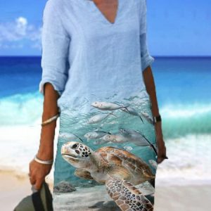 Casual Notched Loose Turtle Dress, Midi, color:Blue|size:3XL, Noracora