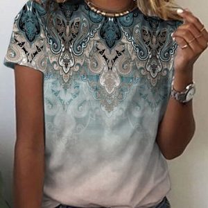 Crew Neck Ethnic Style Ombre T-Shirt, T-shirts, color:Multicolor|size:3XL, Noracora