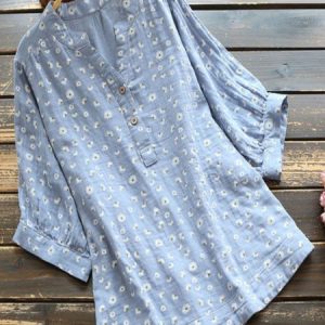 Buckle Floral Casual Shirt, Blouses, color:Blue|size:3XL, Noracora
