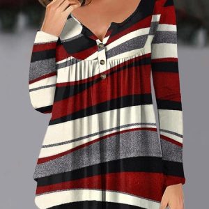 Loose Casual V Neck Random Print Shirt, Blouses, color:Red|size:5XL, Noracora