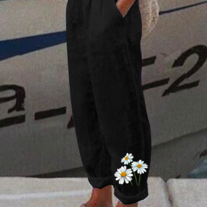 Loose Casual Cotton Floral Pants, Pants, color:Black|size:XXL, Noracora
