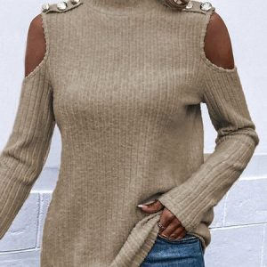 Buckle Plain Casual Half Turtleneck T-Shirt, T-shirts, color:Apricot|size:XXL, Noracora