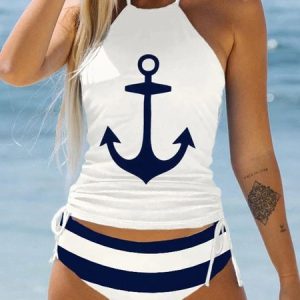 Casual Striped Printing Crew Neck Tankini set, Tankinis, color:White|size:XXL, Noracora