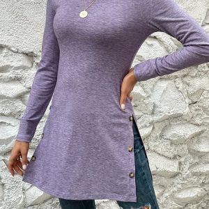 Buttoned Casual Jersey Plain Shirt, Blouses, color:Purple|size:XXL, Noracora