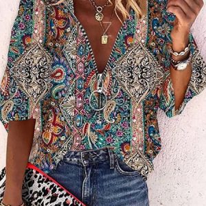 Casual Abstract Loose Zipper Three Quarter Shirt, Blouses, color:Multicolor|size:XXL, Noracora