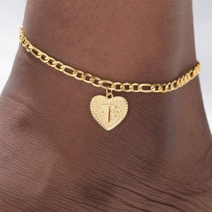 English Alphabet Peach Heart Pendant Chain, Anklet, color:Golden, Noracora