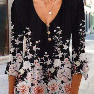 Floral Casual Loose V Neck Shirt, Blouses, color:Red|size:3XL, Noracora