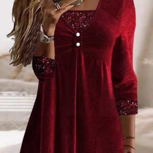 Plain Party Long sleeve Velvet Top, Tops, color:Red|size:XXL, Noracora