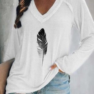 Printed Long Sleeve Casual V Neck T-shirt, T-shirts, color:White|size:3XL, Noracora