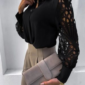 Shirt Collar Casual Blouse, Shirts, color:Black|size:XXL, Noracora