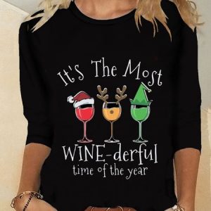Christmas Xmas Long Sleeve Round Neck Printed Top T-shirt, T-shirts, color:Black|size:XXL, Noracora