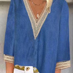 Plain Hollow Out Lace V Neck Casual Shirt, Blouses, color:Denim Blue|size:XXL, Noracora