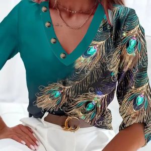 Feather Pattern V-neck Buckle Casual T-Shirt, T-shirts, color:Green|size:XXL, catalog Noracora shop
