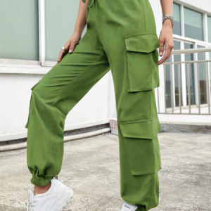 Plain Pockets Casual Cargo Pants, Pants, color:Green|size:XL, Noracora