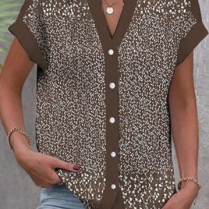Casual Notched Floral Loose Blouse, Shirts, color:Brown|size:XXL, Noracora