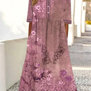 Casual Floral Buttoned Dress, Maxi, color:Purple|size:3XL, Noracora