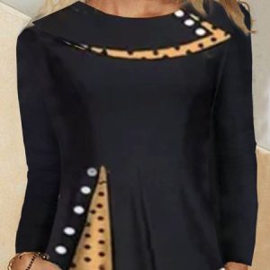 Crew Neck Lady Regular Fit Tops, Blouses, color:Black|size:3XL, Noracora