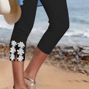 Split Hem Lace Detail Capri Legging, Leggings, color:Black|size:XXL, Noracora