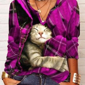 Casual Christmas Plaid Cat Long sleeve V Neck T-Shirt, Long sleeves, Lilicloth.com