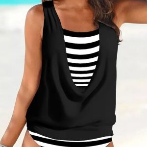 Casual Striped Printing Scoop Neck Tankini, swimwear>>Tankinis, color:Black|size:XXL, JustFashionNow