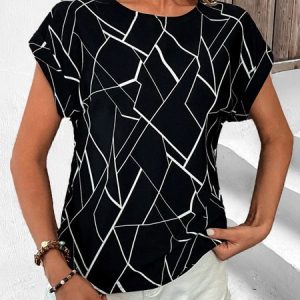 Abstract Geometric Loose Crew Neck Casual T-Shirt, Blouses, color:Black|size:XXL, Noracora