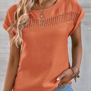 Crew Neck Hollow Out Casual Blouse, Blouses, color:Orange|size:XXL, Noracora