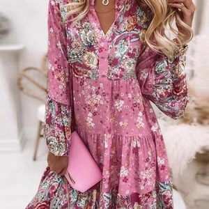 Women's V Neck Loose Casual Long sleeve Woven Dress, Short, color:Rose Red|size:XXL, catalog Noracora shop