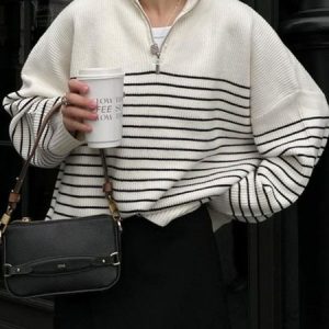 Wool/Knitting Loose Striped Casual Sweater, Sweaters, color:White|size:L, Noracora