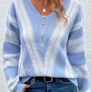 Casual Striped Zipper Sweater, Sweaters, color:Blue|size:XXL, Noracora
