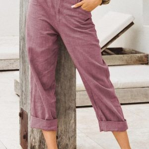 Casual Cotton Plain Linen Pants, Pants, color:Fuchsia|size:4XL, Noracora