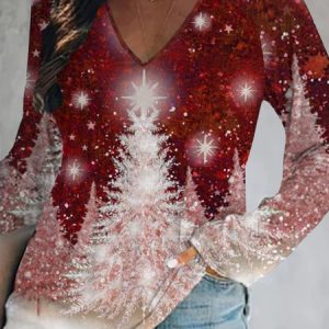 Casual Christmas Trees Long Sleeve V Neck Printed Top T-shirt TUNIC, T-shirts, color:Red|size:XXL, Noracora