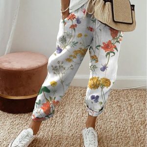 Printing Floral Casual Pants, Pants, color:Multicolor|size:XS, Noracora