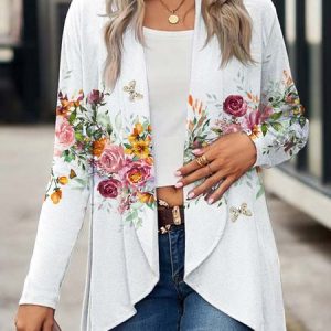 Loose Floral Casual Wool/Knitting Coat, Kimono, color:Multicolor|size:XXL, Noracora