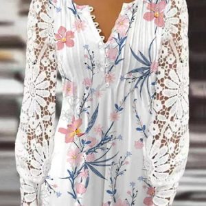 Casual Loose Floral Lace Shirt, Blouses, color:White|size:5XL, Noracora