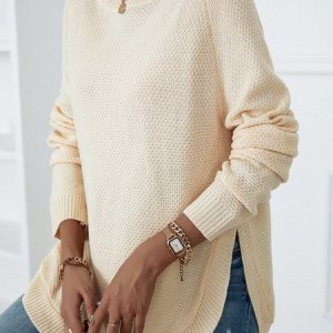 Casual Crew Neck Plain Loose Sweater, Sweaters, color:Apricot|size:L, Noracora