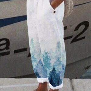 Plus Size Landscape Print Casual Loose Pants, BOTTOM, color:White|size:4X, Noracora