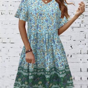 Loose Floral V Neck Vacation Dress, Midi, color:Green|size:3XL, Noracora