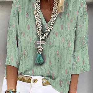 Vacation Loose Floral V Neck Shirt, Blouses, color:Green|size:XXL, Noracora