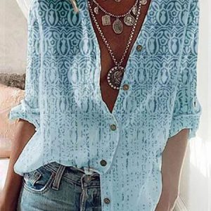 Stand Collar Long Sleeve Shift Blouse, Shirts, color:Blue|size:3XL, Noracora