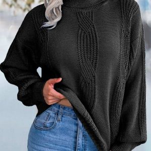 Casual Turtleneck Plain Sweater, Sweaters, color:Black|size:L, Noracora