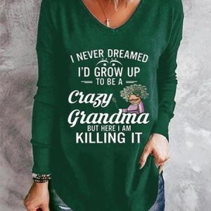 Letters Long Sleeve V Neck Casual Tunic T-Shirt, T-shirts, color:Green|size:XXL, Noracora