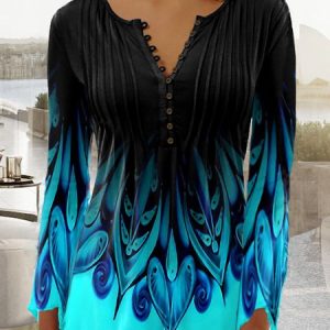 Geometric Casual V Neck Tunic Top, Tops, color:Black|size:XXL, Noracora
