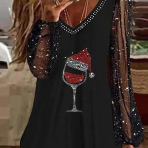 Christmas Casual V Neck Regular Fit Tunic Top, Tops, color:Black|size:XXL, Noracora